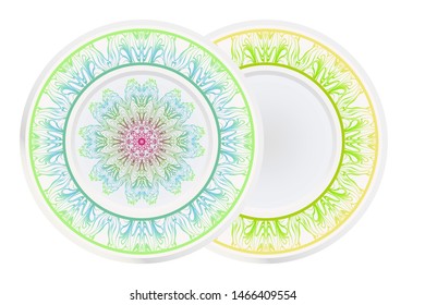 Set of 2 matching decorative plates for interior design. Empty dish, porcelain plate mock up design. Vector illustration.