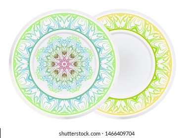 Set of 2 matching decorative plates for interior design. Empty dish, porcelain plate mock up design. Vector illustration.