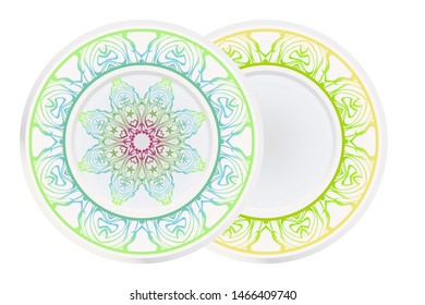 Set of 2 matching decorative plates for interior design. Empty dish, porcelain plate mock up design. Vector illustration.
