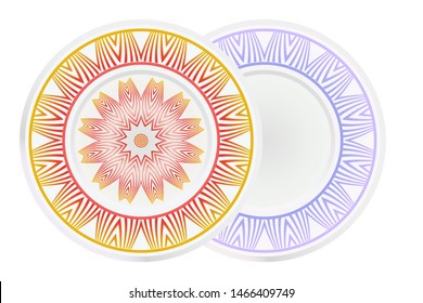 Set of 2 matching decorative plates for interior design. Empty dish, porcelain plate mock up design. Vector illustration. Decorative plates with Mandala ornament patterns. Home decor background