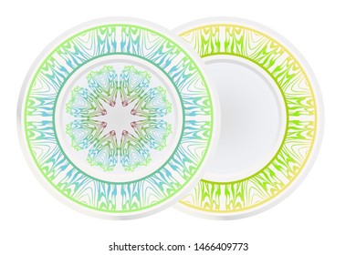 Set of 2 matching decorative plates for interior design. Empty dish, porcelain plate mock up design. Vector illustration.