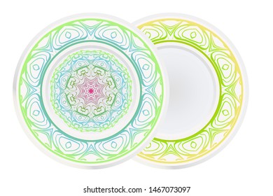 Set of 2 matching decorative plates for interior design. Empty dish, porcelain plate mock up design. Vector illustration.