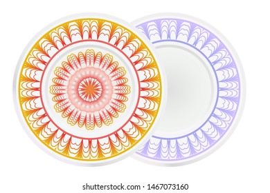 Set of 2 matching decorative plates for interior design. Empty dish, porcelain plate mock up design. Vector illustration. Decorative plates with Mandala ornament patterns. Home decor background