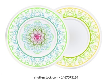 Set of 2 matching decorative plates for interior design. Empty dish, porcelain plate mock up design. Vector illustration.