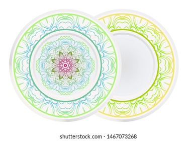 Set of 2 matching decorative plates for interior design. Empty dish, porcelain plate mock up design. Vector illustration.