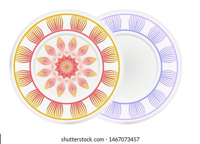 Set of 2 matching decorative plates for interior design. Empty dish, porcelain plate mock up design. Vector illustration. Decorative plates with Mandala ornament patterns. Home decor background