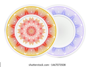 Set of 2 matching decorative plates for interior design. Empty dish, porcelain plate mock up design. Vector illustration. Decorative plates with Mandala ornament patterns. Home decor background