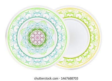 Set of 2 matching decorative plates for interior design. Empty dish, porcelain plate mock up design. Vector illustration.