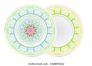 Set of 2 matching decorative plates for interior design. Empty dish, porcelain plate mock up design. Vector illustration.