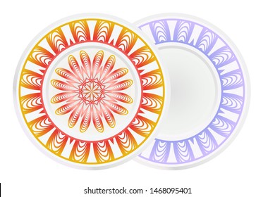 Set of 2 matching decorative plates for interior design. Empty dish, porcelain plate mock up design. Vector illustration. Decorative plates with Mandala ornament patterns. Home decor background