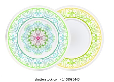 Set of 2 matching decorative plates for interior design. Empty dish, porcelain plate mock up design. Vector illustration.