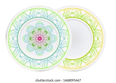 Set of 2 matching decorative plates for interior design. Empty dish, porcelain plate mock up design. Vector illustration.