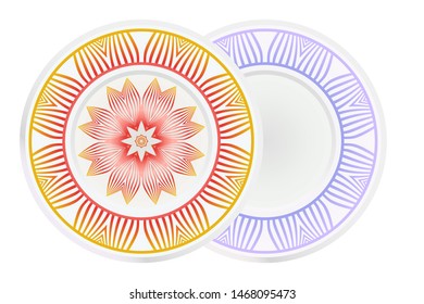 Set of 2 matching decorative plates for interior design. Empty dish, porcelain plate mock up design. Vector illustration. Decorative plates with Mandala ornament patterns. Home decor background