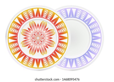 Set of 2 matching decorative plates for interior design. Empty dish, porcelain plate mock up design. Vector illustration. Decorative plates with Mandala ornament patterns. Home decor background