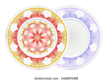 Set of 2 matching decorative plates for interior design. Empty dish, porcelain plate mock up design. Vector illustration. Decorative plates with Mandala ornament patterns. Home decor background
