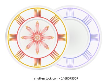 Set of 2 matching decorative plates for interior design. Empty dish, porcelain plate mock up design. Vector illustration. Decorative plates with Mandala ornament patterns. Home decor background