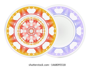 Set of 2 matching decorative plates for interior design. Empty dish, porcelain plate mock up design. Vector illustration. Decorative plates with Mandala ornament patterns. Home decor background