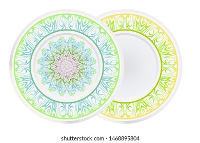 Set of 2 matching decorative plates for interior design. Empty dish, porcelain plate mock up design. Vector illustration.