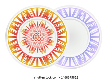 Set of 2 matching decorative plates for interior design. Empty dish, porcelain plate mock up design. Vector illustration. Decorative plates with Mandala ornament patterns. Home decor background