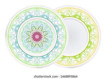 Set of 2 matching decorative plates for interior design. Empty dish, porcelain plate mock up design. Vector illustration.