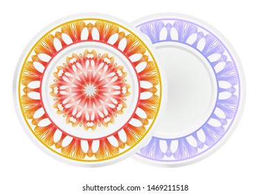 Set of 2 matching decorative plates for interior design. Empty dish, porcelain plate mock up design. Vector illustration. Decorative plates with Mandala ornament patterns. Home decor background