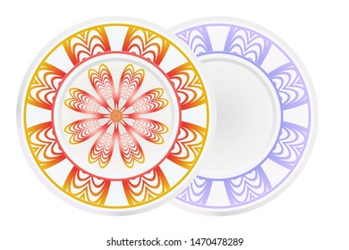 Set of 2 matching decorative plates for interior design. Empty dish, porcelain plate mock up design. Vector illustration. Decorative plates with Mandala ornament patterns. Home decor background