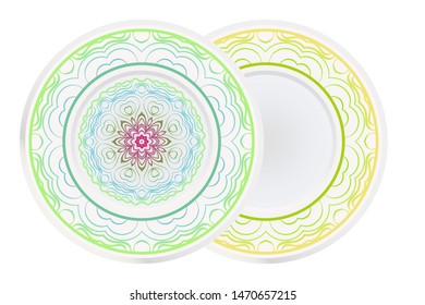 Set of 2 matching decorative plates for interior design. Empty dish, porcelain plate mock up design. Vector illustration.