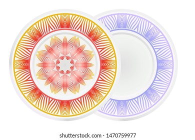 Set of 2 matching decorative plates for interior design. Empty dish, porcelain plate mock up design. Vector illustration. Decorative plates with Mandala ornament patterns. Home decor background