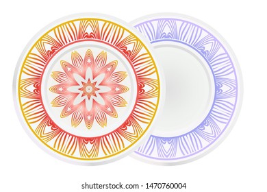 Set of 2 matching decorative plates for interior design. Empty dish, porcelain plate mock up design. Vector illustration. Decorative plates with Mandala ornament patterns. Home decor background
