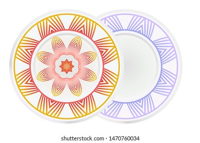 Set of 2 matching decorative plates for interior design. Empty dish, porcelain plate mock up design. Vector illustration. Decorative plates with Mandala ornament patterns. Home decor background