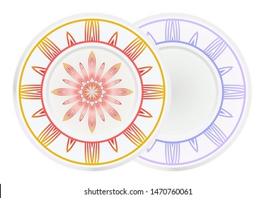 Set of 2 matching decorative plates for interior design. Empty dish, porcelain plate mock up design. Vector illustration. Decorative plates with Mandala ornament patterns. Home decor background