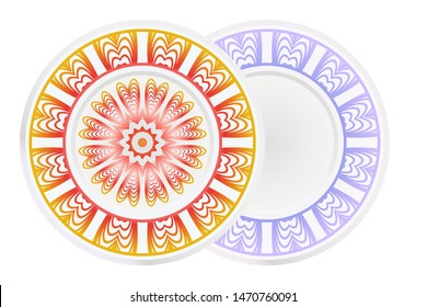 Set of 2 matching decorative plates for interior design. Empty dish, porcelain plate mock up design. Vector illustration. Decorative plates with Mandala ornament patterns. Home decor background