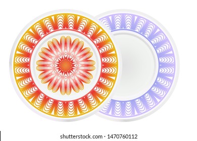 Set of 2 matching decorative plates for interior design. Empty dish, porcelain plate mock up design. Vector illustration. Decorative plates with Mandala ornament patterns. Home decor background