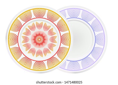 Set of 2 matching decorative plates for interior design. Empty dish, porcelain plate mock up design. Vector illustration. Decorative plates with Mandala ornament patterns. Home decor background