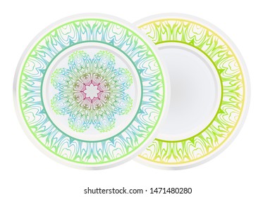 Set of 2 matching decorative plates for interior design. Empty dish, porcelain plate mock up design. Vector illustration.