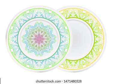 Set of 2 matching decorative plates for interior design. Empty dish, porcelain plate mock up design. Vector illustration.