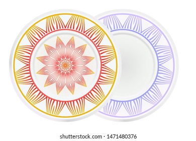 Set of 2 matching decorative plates for interior design. Empty dish, porcelain plate mock up design. Vector illustration. Decorative plates with Mandala ornament patterns. Home decor background