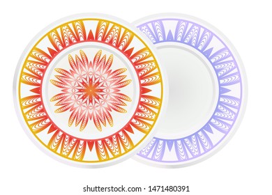 Set of 2 matching decorative plates for interior design. Empty dish, porcelain plate mock up design. Vector illustration. Decorative plates with Mandala ornament patterns. Home decor background