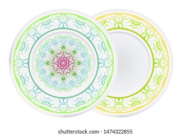 Set of 2 matching decorative plates for interior design. Empty dish, porcelain plate mock up design. Vector illustration.