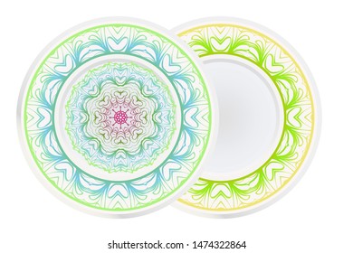 Set of 2 matching decorative plates for interior design. Empty dish, porcelain plate mock up design. Vector illustration.