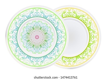 Set of 2 matching decorative plates for interior design. Empty dish, porcelain plate mock up design. Vector illustration.