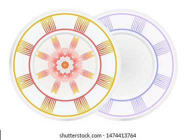 Set of 2 matching decorative plates for interior design. Empty dish, porcelain plate mock up design. Vector illustration. Decorative plates with Mandala ornament patterns. Home decor background