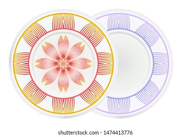 Set of 2 matching decorative plates for interior design. Empty dish, porcelain plate mock up design. Vector illustration. Decorative plates with Mandala ornament patterns. Home decor background