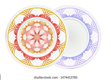 Set of 2 matching decorative plates for interior design. Empty dish, porcelain plate mock up design. Vector illustration. Decorative plates with Mandala ornament patterns. Home decor background