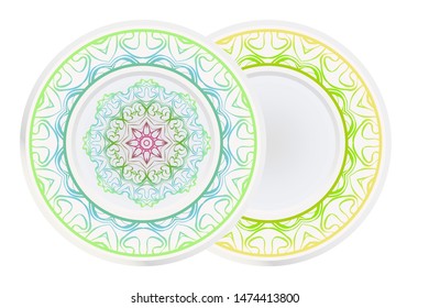 Set of 2 matching decorative plates for interior design. Empty dish, porcelain plate mock up design. Vector illustration.