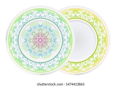 Set of 2 matching decorative plates for interior design. Empty dish, porcelain plate mock up design. Vector illustration.
