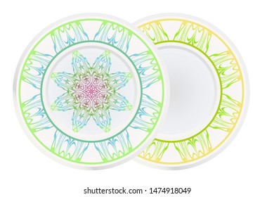 Set of 2 matching decorative plates for interior design. Empty dish, porcelain plate mock up design. Vector illustration.