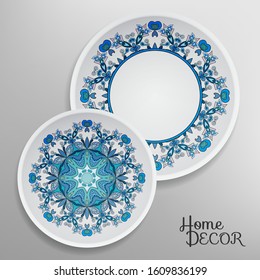 Set of 2 matching decorative plates for interior design. Tribal ethnic ornament, home decor vector illustration. Mandala decoration pattern, arabic, indian, turkish motif