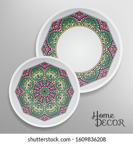 Set of 2 matching decorative plates for interior design. Tribal ethnic ornament, home decor vector illustration. Mandala decoration pattern, arabic, indian, turkish motif
