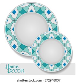 Set of 2 matching decorative plates for interior design. Tribal ethnic ornament, home decor vector illustration.